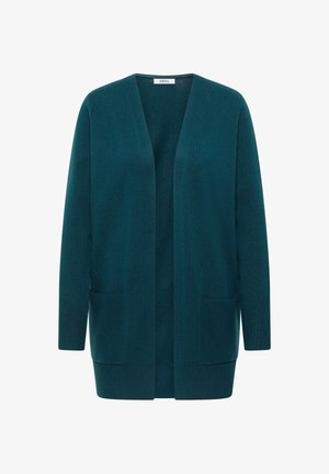 Cardigan lavorato a maglia color teal con apertura frontale, due tasche anteriori, maniche lunghe e vestibilità rilassata. Tessuto morbido e di peso medio.
