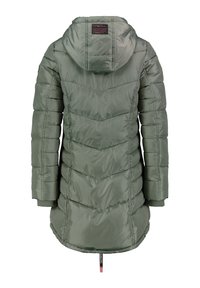 Gevoerde parka-jacket in olijfgroen, met een capuchon, een gequiltde textuur, ribbelmanchetten en een trekkoord onderaan voor aanpassing.