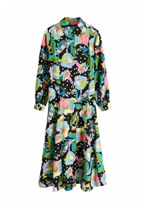 Rochie cu model floral, cu fundal negru, flori colorate și buline. Mâneci lungi, cu nasturi în față și guler.