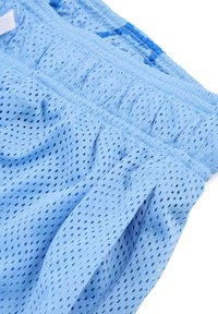 Lichtblauwe mesh shorts met een elastische tailleband en trekkoord. Voorzien van kleine ronde perforaties voor ademend vermogen en een zachte textieltextuur.