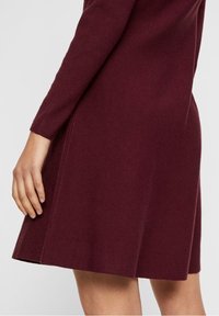 Bordeauxrotes Strickkleid mit glatter Textur, langen Ärmeln und einem ausgestellten Rock. Verfügt über seitliche Nahtdetails und eine lockere Silhouette.