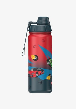 Red and black sports water bottle with a textured surface, featuring colorful car graphics, flames, and tire marks, cap with a carrying loop.
