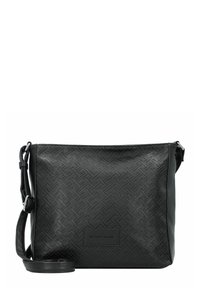 Bolso bandolera negro hecho de material sintético texturizado con un patrón geométrico. Cuenta con una correa larga ajustable y un parche con el logo.