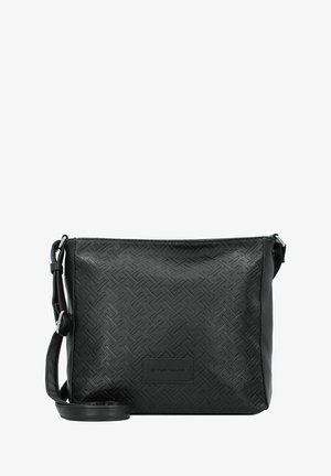 Borsa a tracolla nera realizzata in materiale sintetico testurizzato con un motivo geometrico. Presenta una lunga tracolla regolabile e un'etichetta con logo.