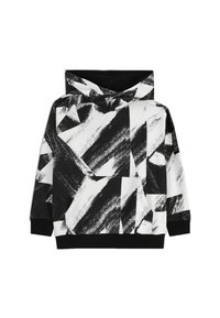 Czarna i biała bluza z kapturem z geometrycznym wzorem i akcentami pociągnięć pędzla, z kieszenią kangurzą oraz czarnymi ściągaczami przy rękawach i u dołu.