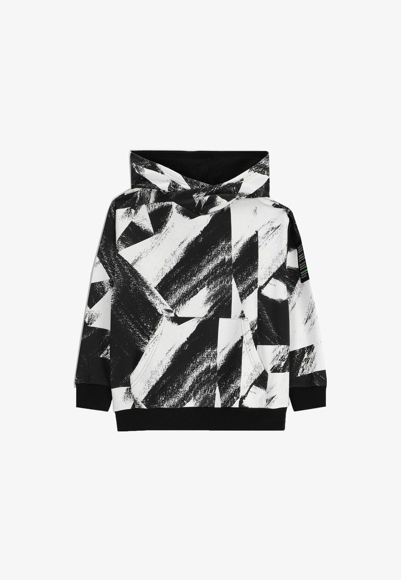 Czarna i biała bluza z kapturem z geometrycznym wzorem i akcentami pociągnięć pędzla, z kieszenią kangurzą oraz czarnymi ściągaczami przy rękawach i u dołu.