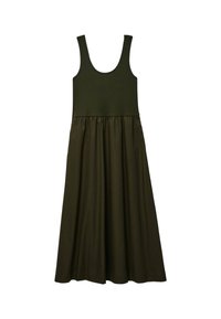 Robe sans manches, couleur olive, avec un corsage en tricot ajusté et une jupe fluide, plissée. Texture lisse, longueur en dessous du genou, design simple.