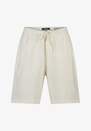 Gebroken-witte casual korte broek met elastische tailleband en vooraan trekkoord, knielengte, gemaakt van lichtgewicht stof voor comfort en bewegingsvrijheid.