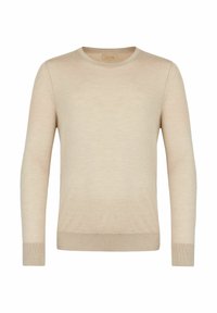 Beige stickad tröja med rund halsringning, långa ärmar och ribbade muddar och fåll, tillverkad av mjukt, lätt material.