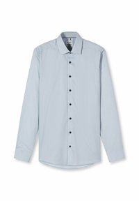 Hellblaues Langarmhemd aus Baumwolle. Verfügt über einen spitzen Kragen, schwarze Knöpfe und einen gebogenen Saum. Durchgehend glatte Textur.