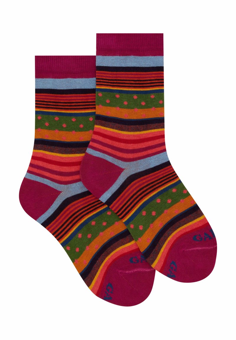 Calzini a crew multicolori con righe e pois. Predominantemente magenta, con accenti di verde, arancione, blu e marrone scuro. Texture morbida.