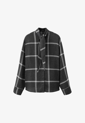 Czarna i szara koszula w kratę z długimi rękawami, zapinana na guziki z wiązaniem przy szyi, wykonana z teksturowanej tkaniny. Pionowe i poziome paski.