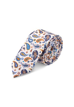 Hvid slip rullet sammen, dekoreret med blå, orange og gule paisley- og blomstermønstre.