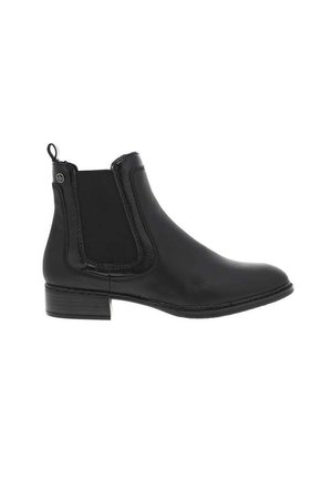 Bottines en cuir noir avec des panneaux latéraux élastiques, bout rond et un petit talon empilé. Comprend une languette pour un enfilage facilité.