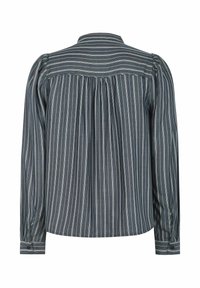 Camicia a maniche lunghe grigia scura con righe verticali bianche, dotata di colletto button-down e dettaglio arricciato sul retro. Tessuto morbido.