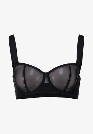 Soutien-gorge noir avec armatures, doté de bonnets en maille transparente et d'une bande solide. Il dispose de bretelles ajustables et de coutures plates pour le confort. Accents en tissu texturé.