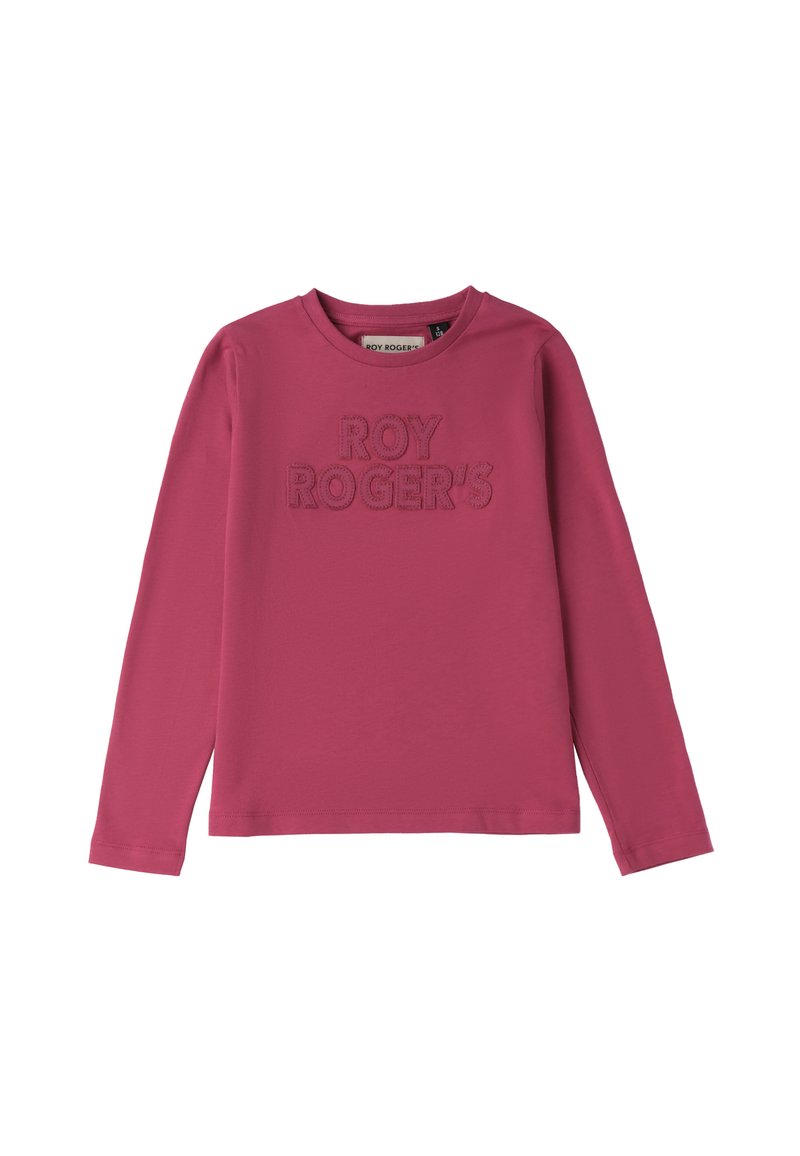 T-shirt a maniche lunghe e scollo rotondo in cotone di un vivace colore rosa con testo ricamato in rilievo "ROY ROGER'S" sulla parte anteriore. Texture liscia.