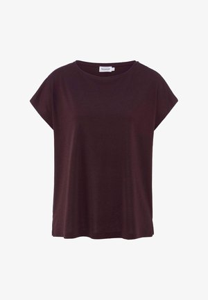 Bordeauxrotes T-Shirt mit kurzen Ärmeln, rundem Ausschnitt, legerer Passform, weichem Stoff und seitlichen Schlitzen am Saum für zusätzlichen Tragekomfort.