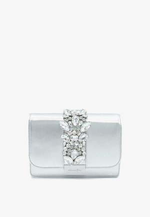 Silver metallic clutch bag with a textured finish, featuring a crystal-embellished strap of various shapes across the front.