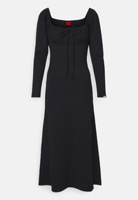 Black long-sleeve dress with a square neckline, gathered bodice, tie detail, and a side slit. Made of soft, textured fabric.