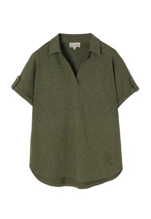 Olive green short-sleeve polo shirt with a V-neck, rolled sleeves secured by buttons, and a rounded hem. Subtle texture with brand logo detail.