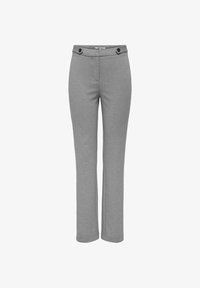 Pantalones rectos gris de cintura alta con detalles de botones a cada lado, hechos de una tela suave y elástica.
