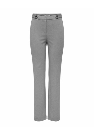 Pantalons gris à jambe droite avec taille haute et détails de boutons sur chaque côté, fabriqués en tissu doux et extensible.