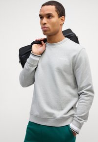 Světlý šedý svetr s kulatým výstřihem, dlouhými rukávy, decentním logem Calvin Klein, kontrastními pruhovanými manžetami, v kombinaci se zelenými kalhotami a černou taškou.
