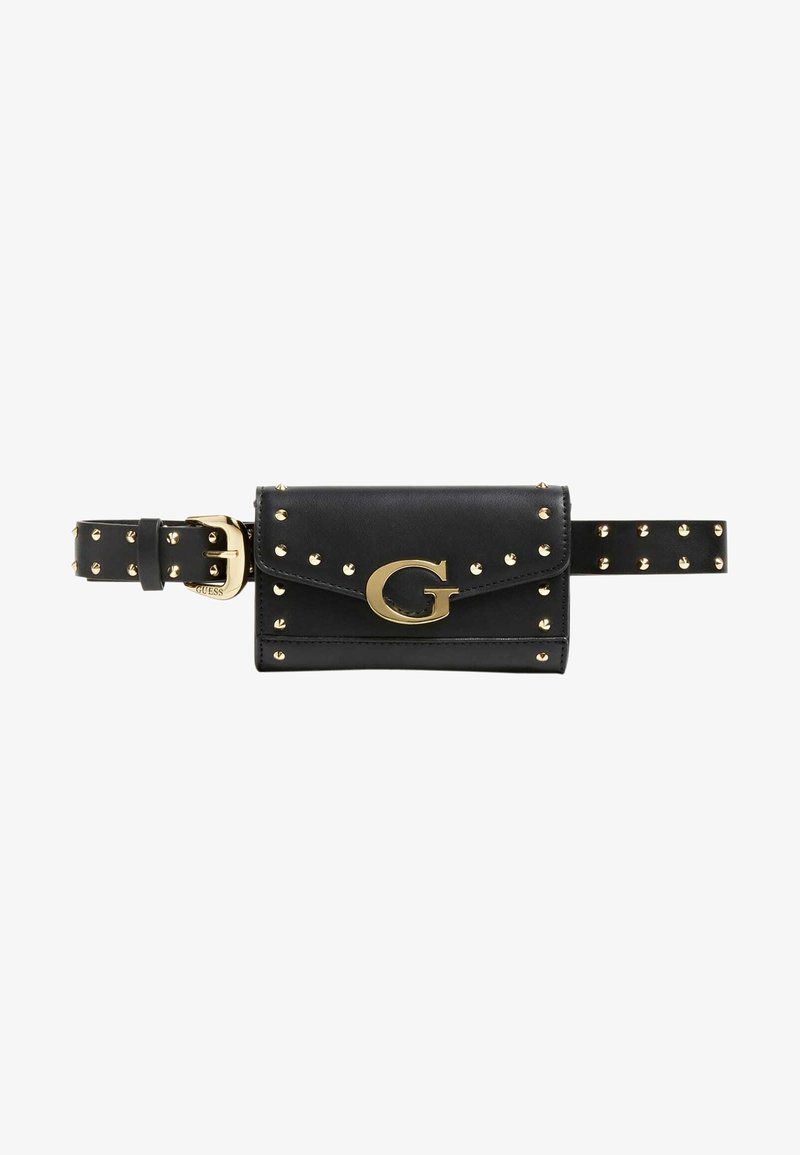Czarna skórzana nerka z złotymi ćwiekami, klapkowym zamknięciem i wyrazistym złotym logo "G". Regulowany pasek z ćwiekami dla pewnego noszenia.