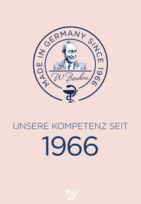Portrait of a man in a circular seal with "Made in Germany since 1966" and "Unsere Kompetenz seit 1966" on a pink background.