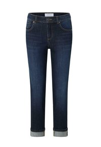 Jeans in denim blu scuro con vestibilità dritta, risvolti, due tasche frontali e dettagli di cucitura discreti. Design classico adatto per un abbigliamento casual.
