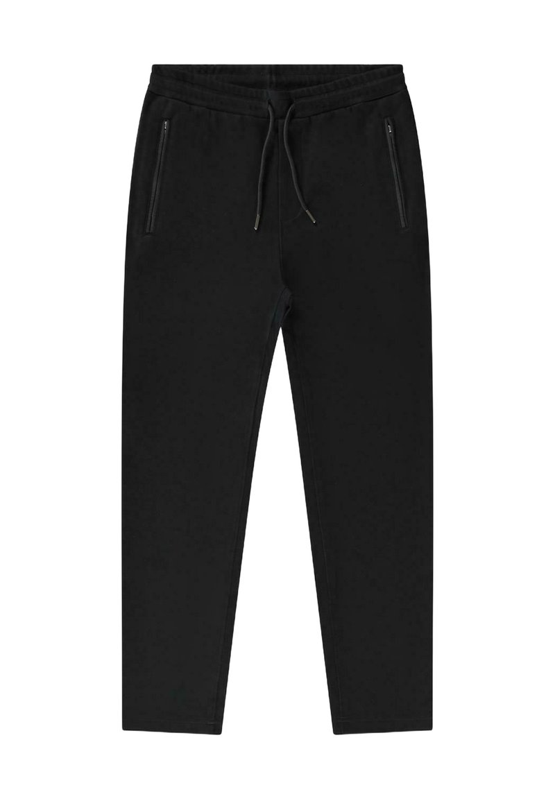 Zwarte joggingsbroek met elastische tailleband en verstelbaar trekkoord. Bevat twee zijzakken met rits, aansluitende pasvorm en een zachte stofstructuur.