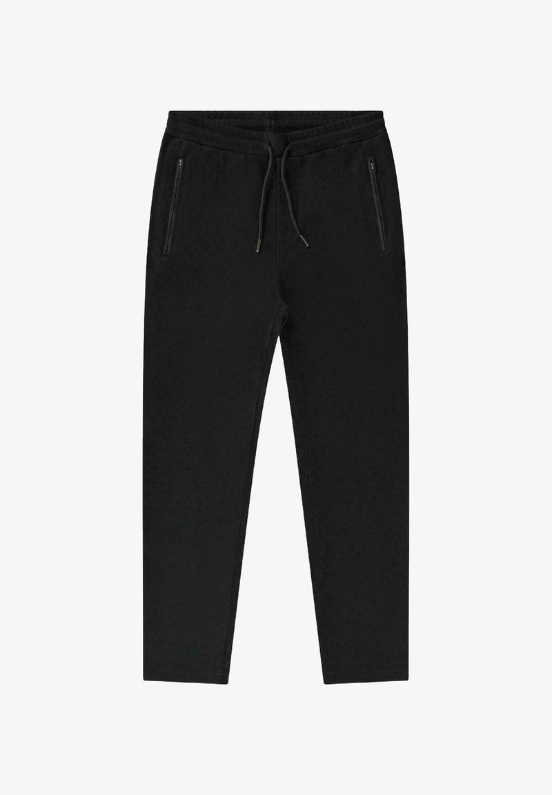 Zwarte joggingsbroek met elastische tailleband en verstelbaar trekkoord. Bevat twee zijzakken met rits, aansluitende pasvorm en een zachte stofstructuur.