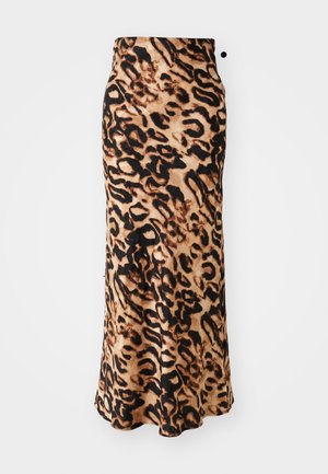 Leopard print maxi skirt with a fitted waist, made from soft fabric, featuring shades of brown and black in a flowing, A-line silhouette.