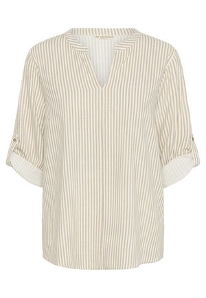 Blouse rayée crème et beige avec un col en V et des manches roulées, fabriquée en tissu léger. Présente une texture subtile et une coupe décontractée.