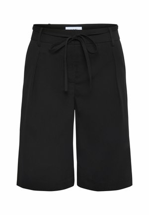 Schwarze Shorts aus einem glatten Stoff mit einem verstellbaren Bündchen. Verfügt über schräge Fronttaschen und einen entspannten Schnitt, knielange Gestaltung.