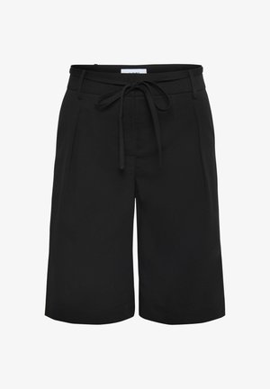 Fekete rövidnadrág sima anyagból, megkötős derekú. Sarokszabású elülső zsebekkel és kényelmes fazonnal, térd longúságú dizájnnal.