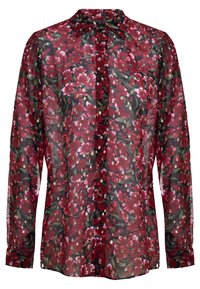 Blusa a maniche lunghe in tessuto trasparente con un motivo floreale rosso e foglie verdi, colletto alto e dettagli con bottoni sul davanti.