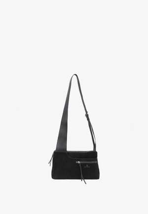Borsa nera in pelle liscia e suede. Un dettaglio notevole è la tracolla rimovibile e la tasca con zip frontale.