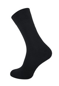 Calzino nero realizzato in materiale a costine, di lunghezza a metà polpaccio, con una superficie liscia e punta e tallone rinforzati. Design classico, senza motivi.
