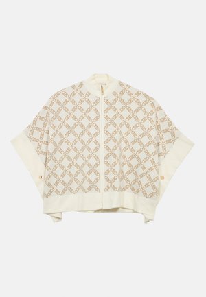 Cardigan de malha na cor creme com um padrão de diamante em castanho claro, apresentando um fecho de zip curto e botões decorativos nas mangas.