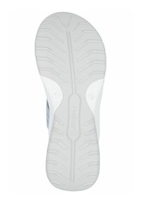 Grå textilovandel med vit syntetisk sula. Mönster synliga på yttersulan, med varumärkeslogotyp och storleksmarkering.