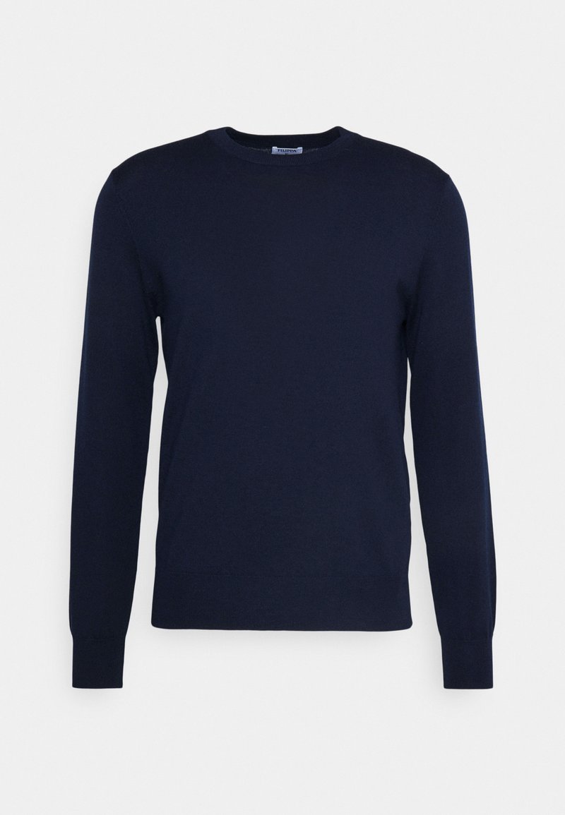 Suéter de punto azul marino con cuello redondo y mangas largas. Presenta puños y dobladillo acanalados, fabricado con un material suave y ligero.