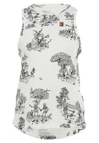 Haut blanc sans manches avec des illustrations détaillées en noir de squelettes jouant au tennis en plein air parmi les arbres et les plantes, avec un écusson du logo Nike sur la poitrine.