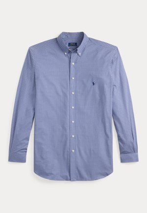 Blauw overhemd met lange mouwen met een klein geruit patroon, knoopsluiting aan de kraag en geborduurd Polo Ralph Lauren-logo op de linkerborst.