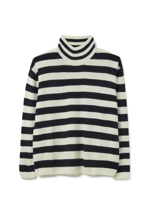 Jersey de cuello alto a rayas en crema y marino. Material de punto suave con cuello y dobladillo acanalados. Presenta rayas horizontales a lo largo del cuerpo.