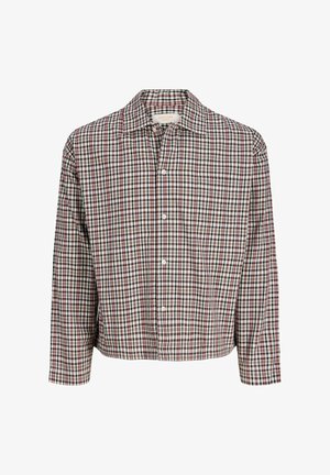 Suknelė su tikrinėmis juostelėmis su sulankstomu apykakle, su raudonai, žaliai ir baltai dryžuotu raštu lengvos medžiagos. Įskaičiuota krūtinės kišenė.