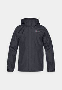 Chaqueta negra impermeable con cierre frontal de cremallera, capucha ajustable y puños elásticos. Fabricada con un tejido liso y mate. Logo en el pecho.