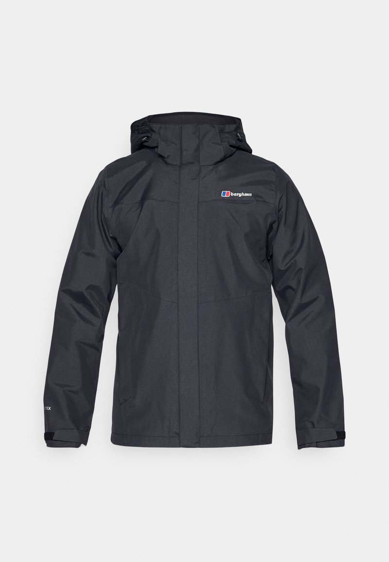 Czarna wodoodporna kurtka z zamkiem z przodu, regulowaną kapturem i elastycznymi mankietami. Wykonana z gładkiego, matowego materiału. Logo na klatce piersiowej.