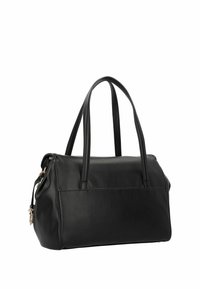 Black leather handbag with two shoulder straps, a rectangular shape, and gold-tone zipper details on the side.